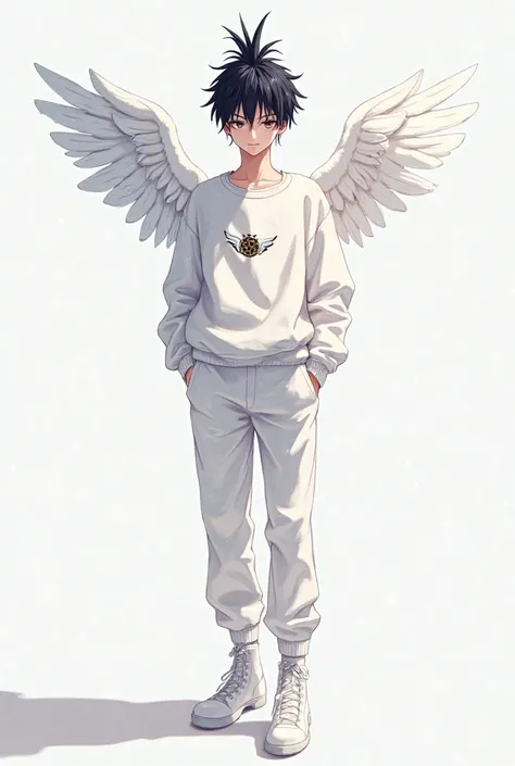 Men's anime version of hair styled pineapple color black light skin with white wings white sweatshirt white pants white boots 