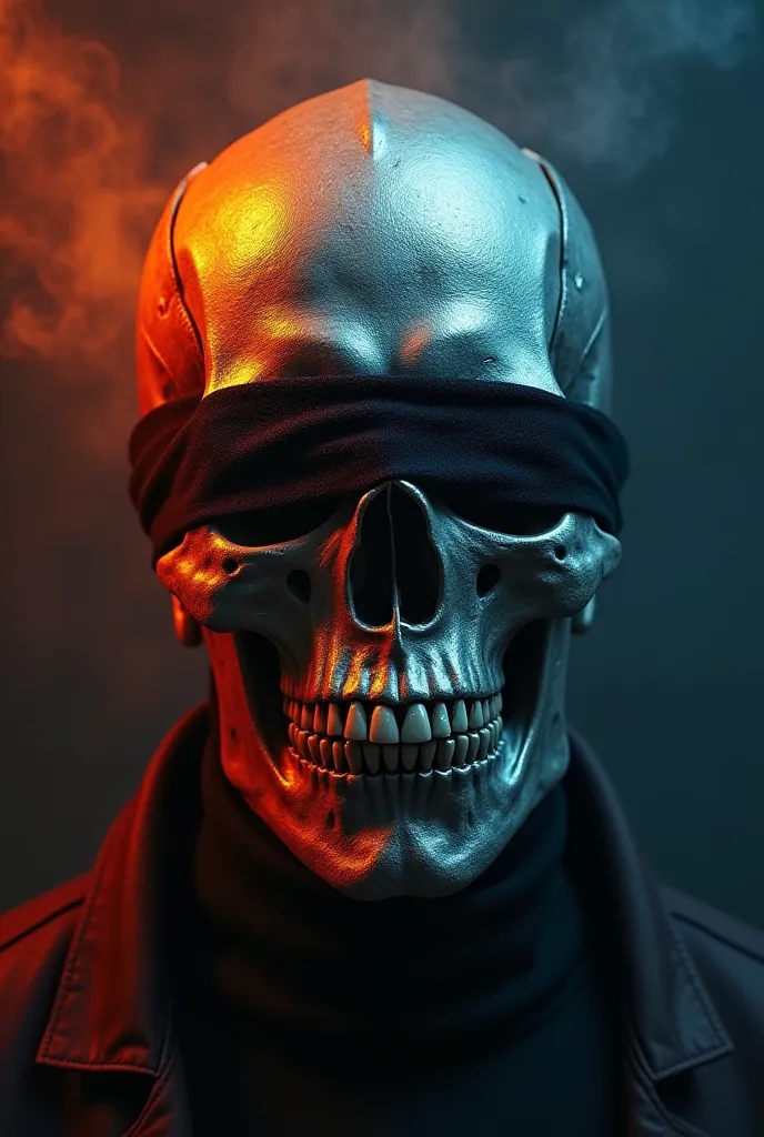 Blind Skull, deaf metallic mute, fire of colors around,  horror portrait,  expressive face ,  blindfolded, mouth shut, metallic skin, Detailed details, dramatic lighting, gloomy atmosphere, oil painting, dark color palette, 4k, ultra detailed, realistic ph...