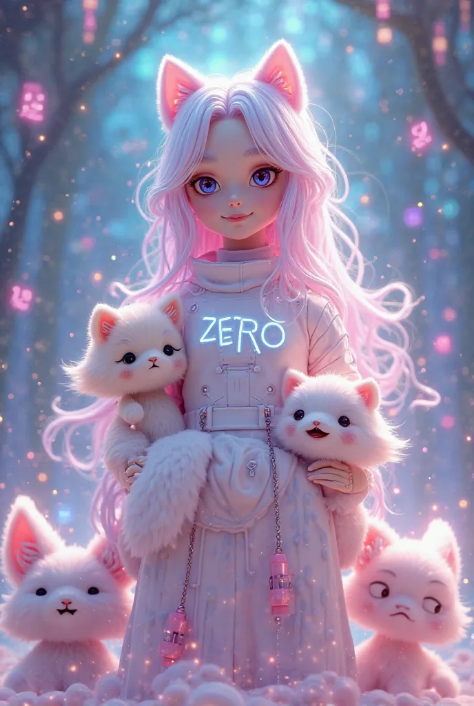 Create an ultra-detailed, captivating 3D-rendered illustration of ZER0, the embodiment of liquidity in the 0G Chain ecosystem. She should stand confidently and gracefully in a playful, ethereal realm that exudes a sense of wonder, lightness, and innovation...