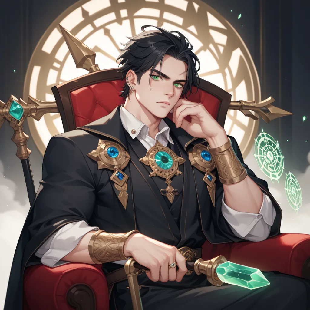 imposing archmage, sitting on a grand, ornate chair. He has long black hair with silver streaks, piercing green eyes that faintly glow with magic, and pale white skin. A jagged scar runs across his left eye. He wears a long, dark robe adorned with golden a...