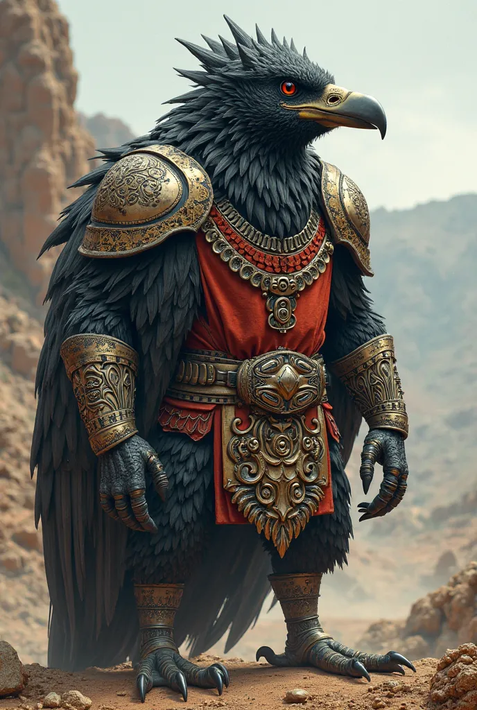 create an image of a realistic human-shaped black warrior vulture wearing armor with a Flamengo shirt