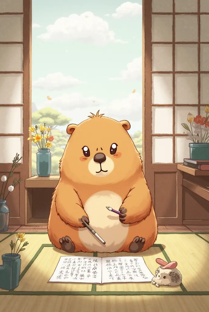 Japanese animated capybara writing their homework