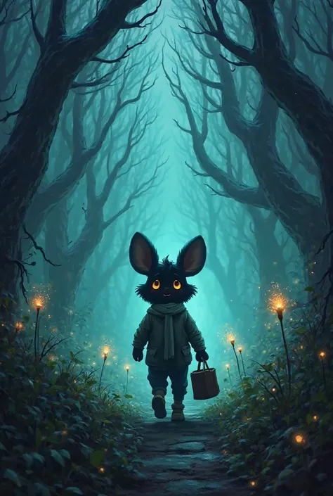 A digital painting of Cheeku walking deep into a spooky forest, his face visible showing courage mixed with a little fear. The forest is filled with gnarled trees, mysterious glowing plants, and thick fog. His hand tightly holds his small bag. A faint glow...