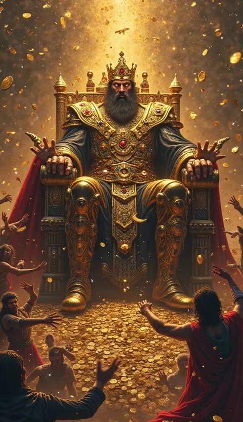 An imposing figure covered in gold and jewels, with eyes shining with greed. He sits on a throne made of coins and treasures, while people fight for riches at his feet. The scene is opulent and chaotic, with shades of gold, black and red. Detailed style, f...