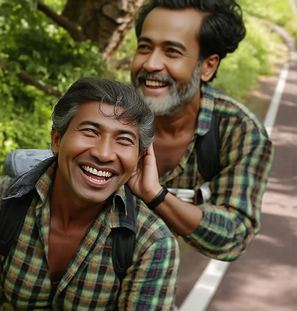 Malay male look alike barkoba, smiling, wear checker shirt, riding bicycle, hold black plastic bag, jungle road, 80's vibe, 4K, high resolution, photorealistic, cinematic lighting, natural foliage, dynamic motion blur, vibrant colors, warm tones, nostalgic...