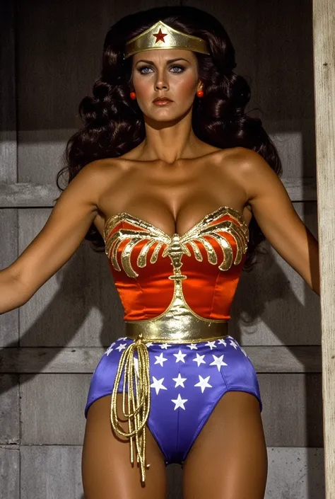 ((( Sexy Wonder Woman、  Linda Carter ))   Stands upright and does not move   ((firmly draw Wonder Woman lying upright and motionless, でStands upright and does not move横たわっているワンダーウーマンを描いてください。She is wearing a blue and red Wonder Woman costume、 with a seriou...