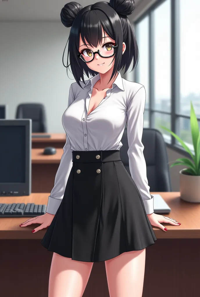 1girl,shiny skin,glistening skin,8k,ranomega, black hair, makeup, bangs,blunt bangs, big bun hairstyle, white dress , black skirt, fullsleeve, medium breasts, black high heels, cute smile, black transparent glasses, BREAK
standing straight,hands on her own...