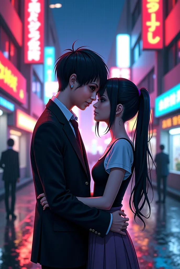 neon street at night, a man and a woman embracing and gazing at each other, backlighting, Japanese anime style art, 1man, 1woman, detailed beautiful faces, detailed eyes, detailed clothing, neon signs, glowing city lights, rain, puddles, reflections, drama...