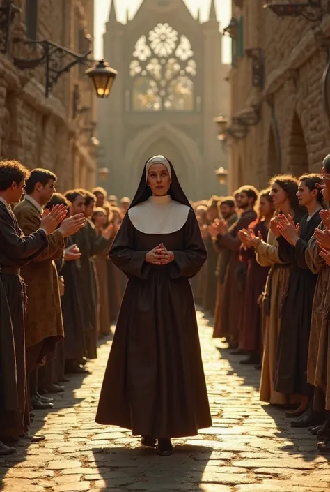 "A cinematic, ultra-realistic 8K image of a medieval nun walking solemnly through a crowd of villagers. The nun wears a traditional brown and white habit, her hands clasped in prayer, and her expression is serene yet determined. The sunlight casts a warm g...