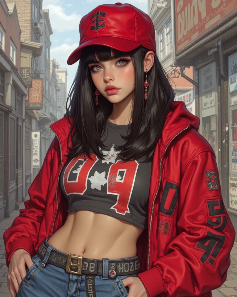 This illustration presents a more casual and urban style.  The 19-year-old girl  (British - Russian) she has a rebellious look, with a red faux leather hat that covers a large part of your head and has a logo on the side, which gives a modern and daring lo...