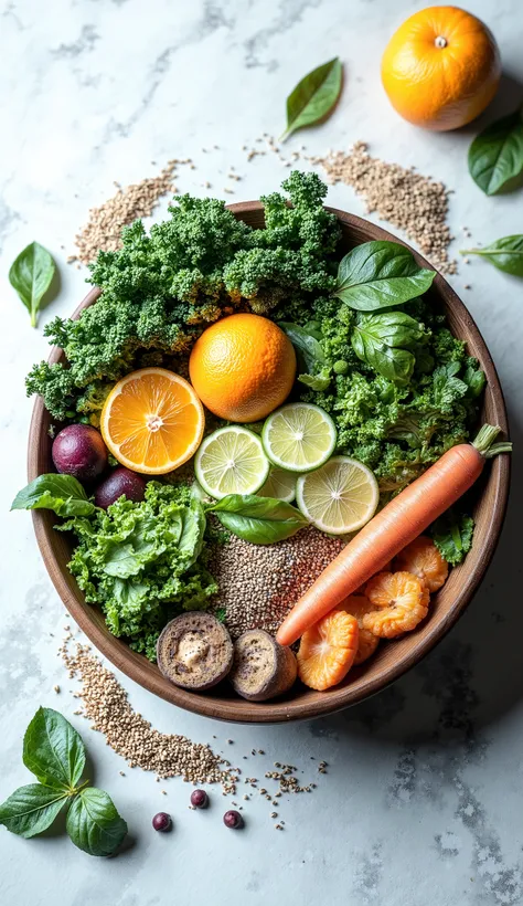A minimalist and soft chapter cover about natural foods, with predominant shades of green (Menta, olive) e orange claro, symbolizing vitality and health. in the center, a wooden bowl with fresh and colorful food, like green leaves (kale, spinach), fru...
