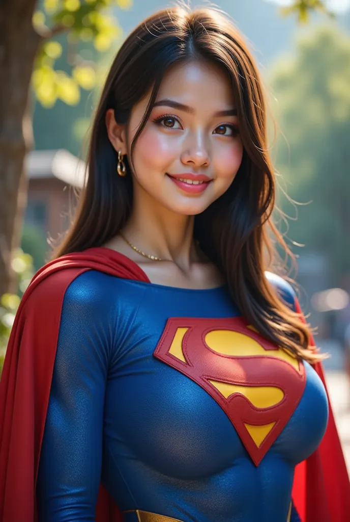 (FULL TOP DOWN POV) **"A stunning, highly detailed, and ultra-realistic portrait of a INNOCENT BLUE EYED 17-year-old Thai GIRL, proudly wearing the iconic RETRO 1980 SUPERMAN costume with a glossy latex/vinyl finish. The vibrant royal blue bodysuit shimmer...