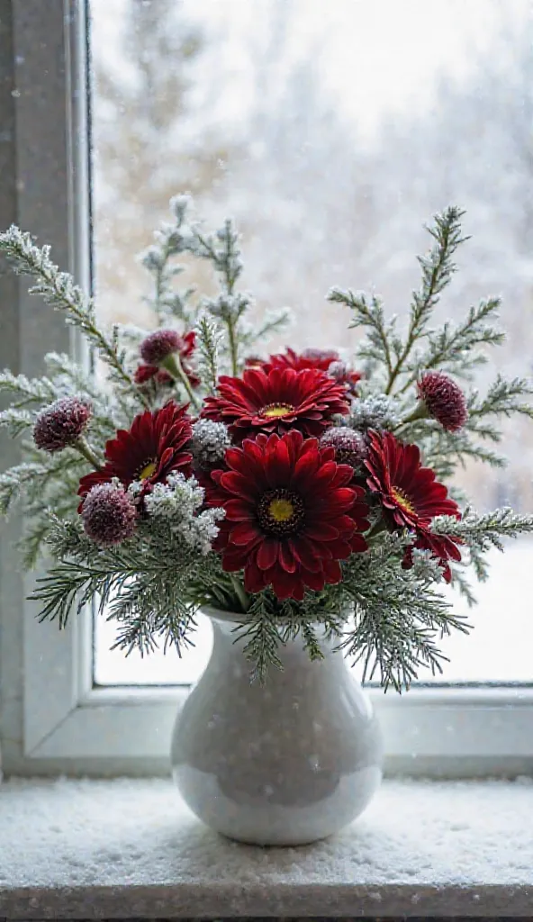  flower arrangement in a winter setting. The central point is a bouquet composed of dark reds flowers with yellow centers, przypominających chryzantemy lub gerbery. Wśród nich znajduje się jeden biały kwiat, adding contrast. Flowers are placed among conife...