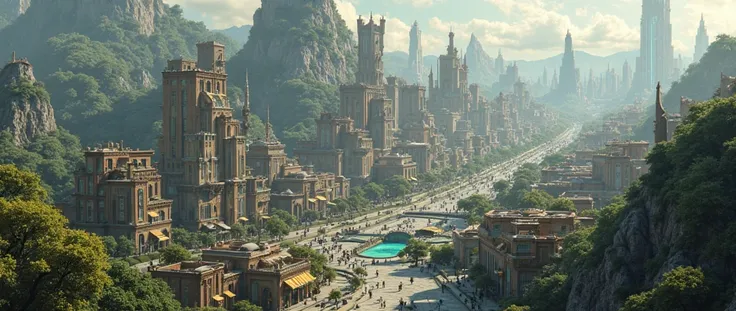 (photorealism:1.2), sidewalk-view of downtown in a neo-traditional Elvish blended with utopian futuristic modern large city, sprawling enchanted layout, low-lying, varied businesses and homes, dry, tall enveloping forest, more Elvish, more dynamic building...