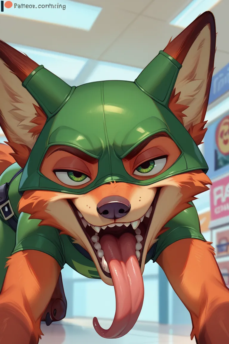 furry Nick Wilde, male, shiny green superhero costume, smirking expression, attractive, cartoon, close-up of their open mouth, sharp pointy teeth, long pink tongue hanging out of their mouth, in the mall, long tongue, super long tongue, wide tongue