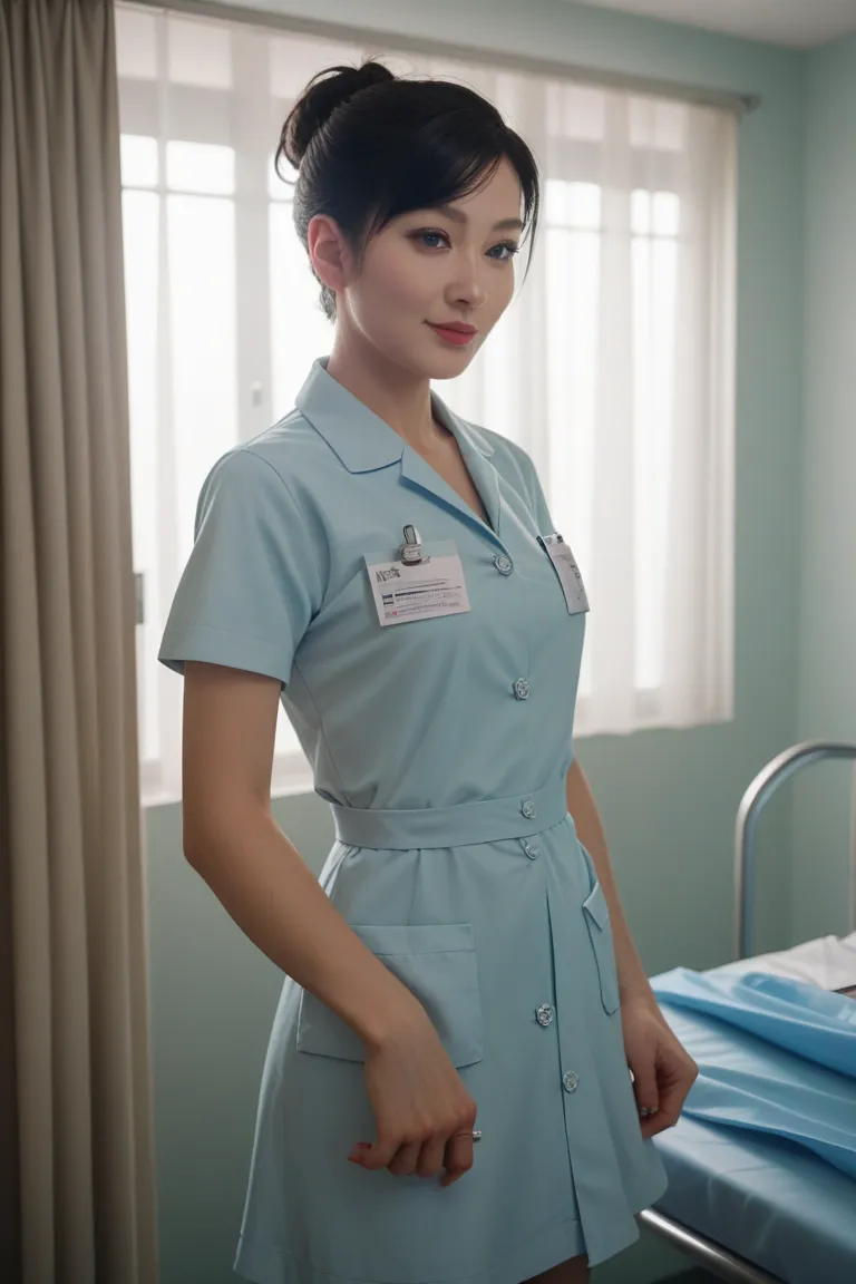 female doctor wearing scrub,  black hair, shortcut, 1 petite woman,