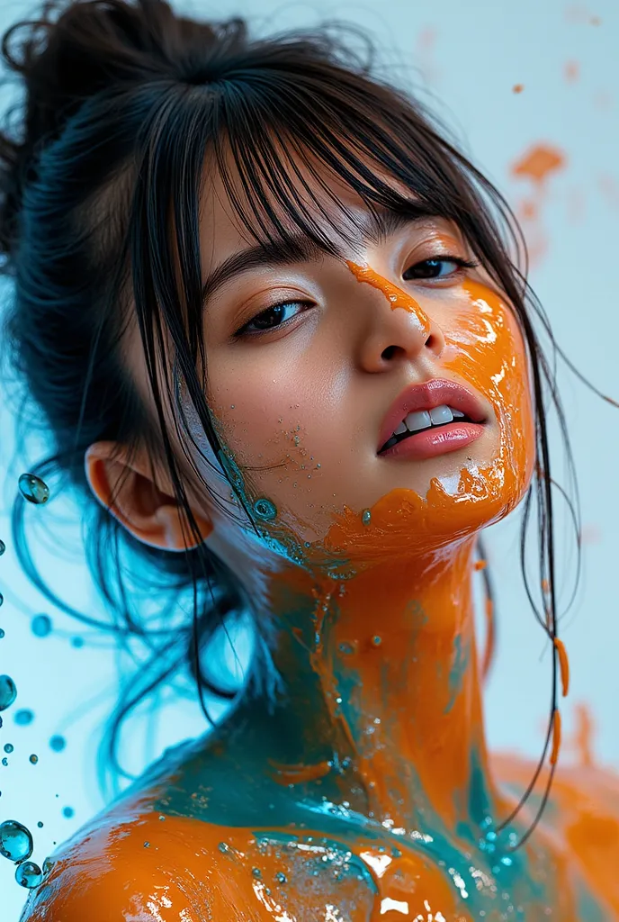 a woman made of liquid splashes, merging, melting, splashing, droplets, mixing, fading away, exploding, swirling, intricate detail, model shoot style, dreamlike art, dramatic lighting. 8k, highly detailed, trending art station, Splash,