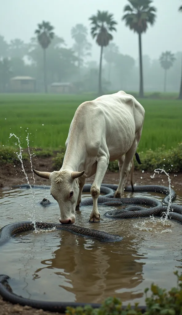 "A white cow bends down to drink water from a small muddy pond. But the pond is filled with large, coiled snakes writhing and moving through the water. Suddenly, the cow loses its balance and slips into the pond. Water splashes everywhere as the snakes qui...