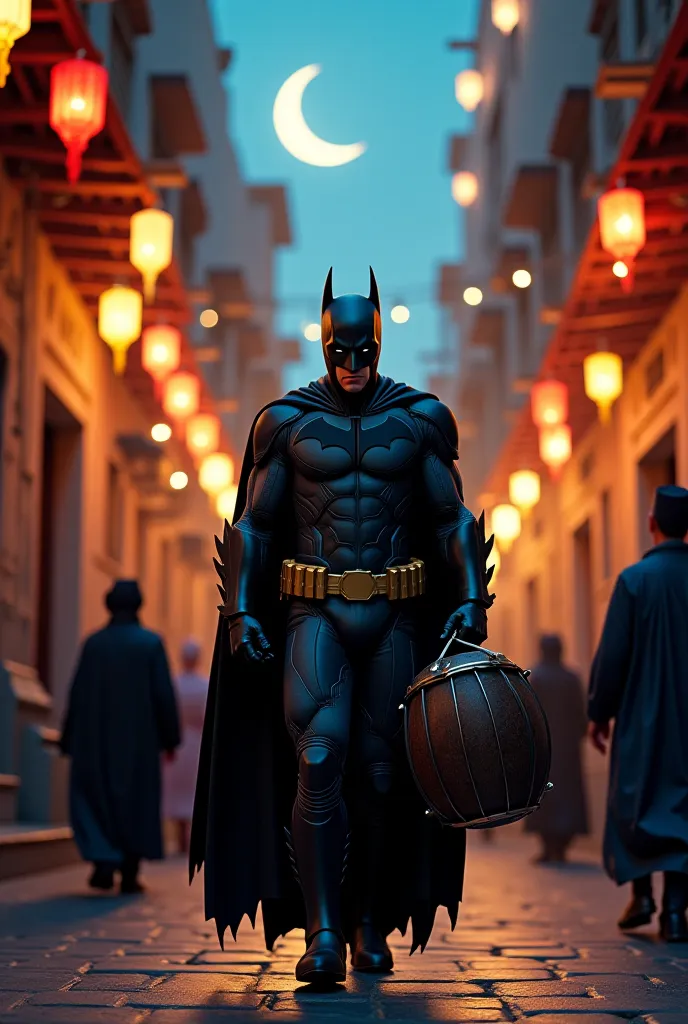 "Batman, dressed in a black galabeya with a red fez, walks through a traditional Arab street during Ramadan, gently tapping a large drum as he calls out to wake people for Suhoor. The crescent moon glows above, and colorful lanterns light up the alley as r...