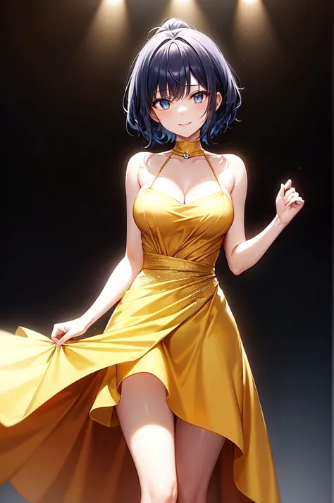 A high school girl with short bobbed blue hair stands alone in the middle of a dimly lit stage. A single spotlight illuminates her, casting a warm glow that emphasizes her vibrant blue eyes and radiant smile. She is wearing a stunning gold dress that catch...