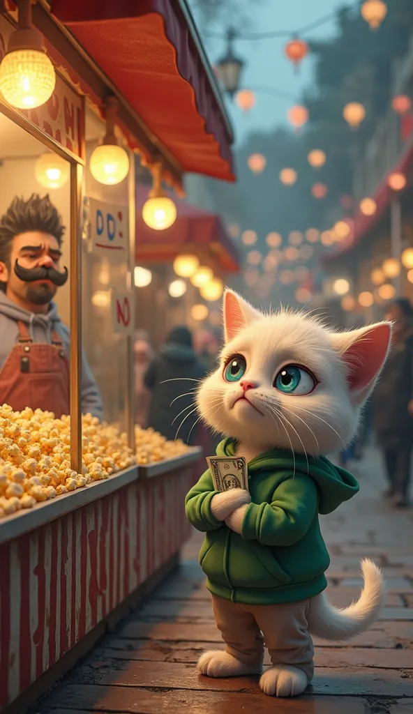 A fluffy white anthropomorphic kitten with big blue eyes, wearing a cozy green hoodie and beige pants, stands in front of a popcorn stand in a bustling marketplace. The kitten’s ears are drooping, its eyes welling up with tears, and its small pink nose twi...