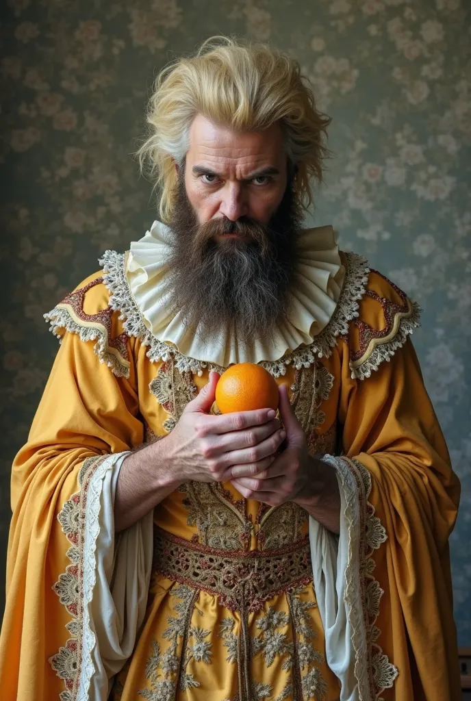 beared man in a queen dress with a blond wig aeting an orange