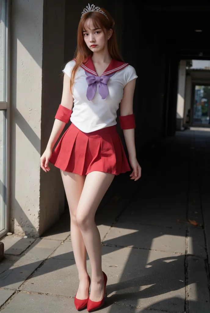 Best Quality、8k、masterpiece、A highly realistic, high-resolution photograph of a Chinese cosplayer dressed as Sailor Mars, standing in a simple, uncluttered setting，casting shade. erotic pose, live photo, She wears a red sailor collar, a red skirt, red high...