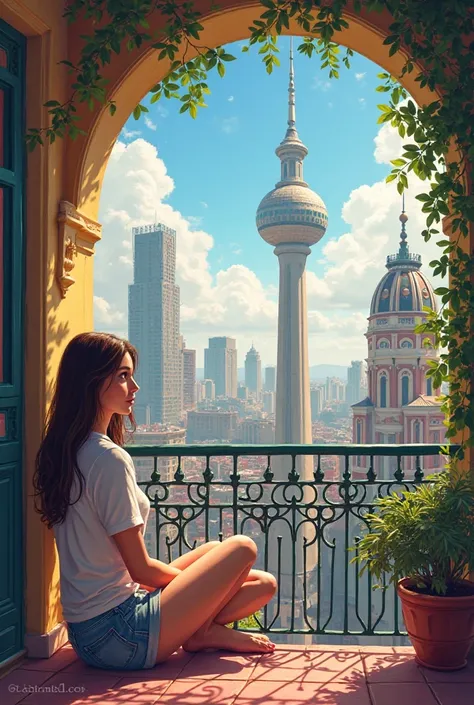 Girl sitting on a porch of a valcon in Mexico City, in the background you can see the Latin American tower and fine arts 