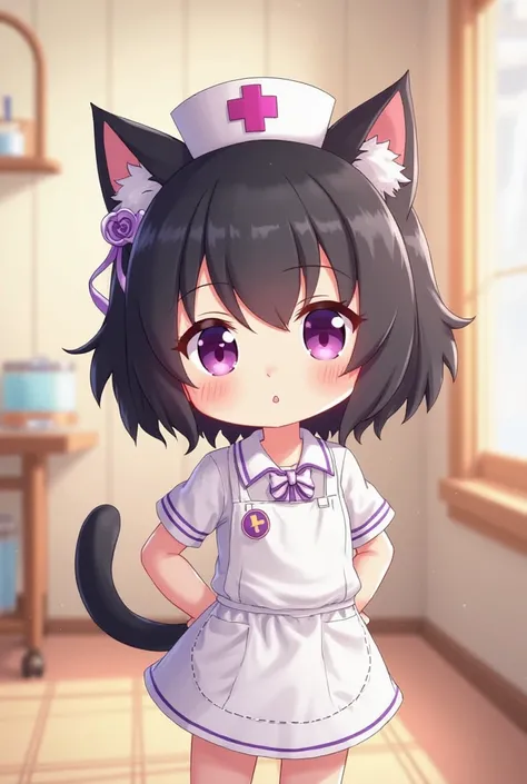 Create a hello kitty kurumi dressed as a nurse with a purple ribbon and black ears