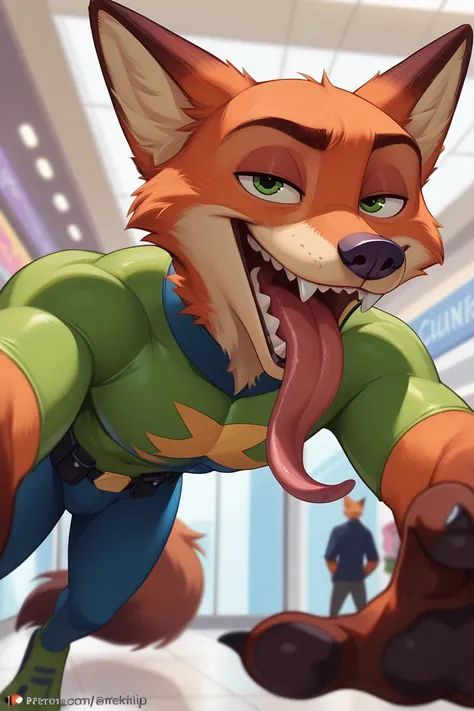 furry Nick Wilde, male, shiny green superhero costume, smirking expression, attractive, cartoon, close-up of their open mouth, sharp pointy teeth, long pink tongue hanging out of their mouth, in the mall, long tongue, super long tongue, wide tongue, wide t...