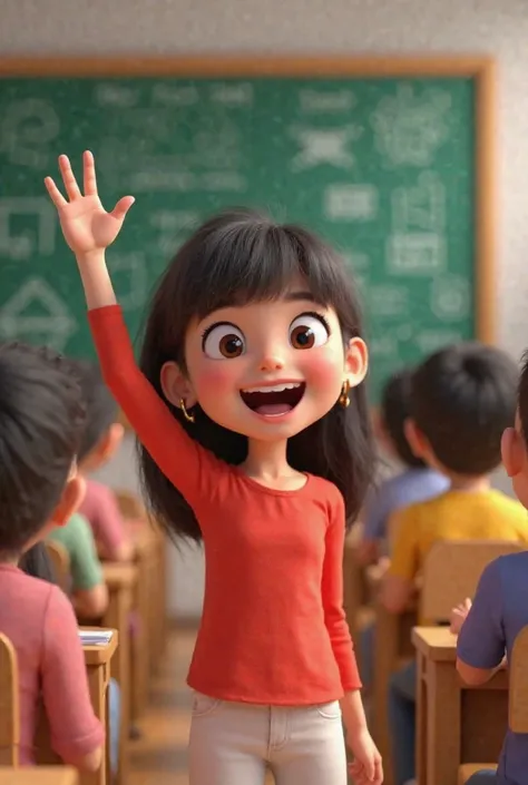 "Sophia, , girl, front bangs, black hair, excited expression, red shirt, white pants, raising her hand, green chalkboard with environmental writing, students sitting at their desks, 3D animated style