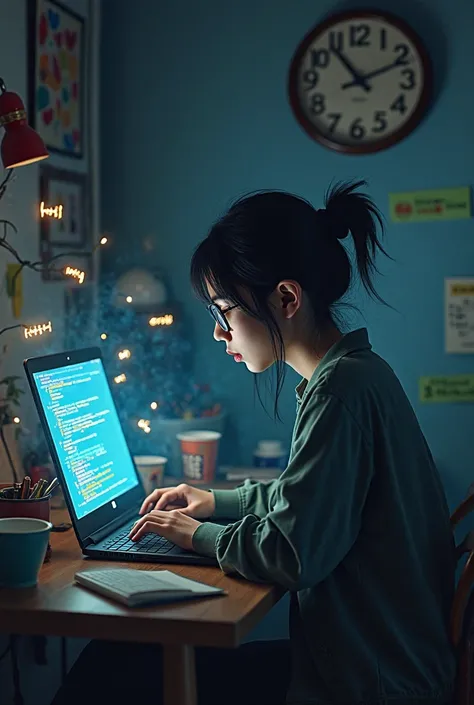 A tired young software developer (japanese female, very low v-neck) sitting at a cluttered desk in a dimly lit room, surrounded by empty instant noodle cups, coffee mugs, and sticky notes with code snippets. The developer is staring at their laptop screen ...