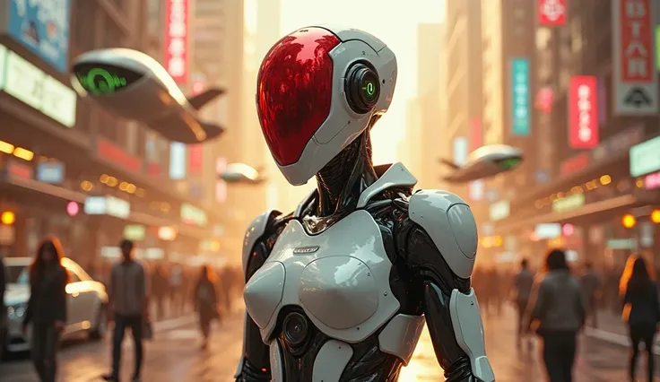 A futuristic humanoid robot with a sleek white and black design stands in a cyberpunk city. Its helmet-like head has a glossy red visor reflecting neon lights. The background features a bustling futuristic street with flying cars, luxury vehicles, and peop...