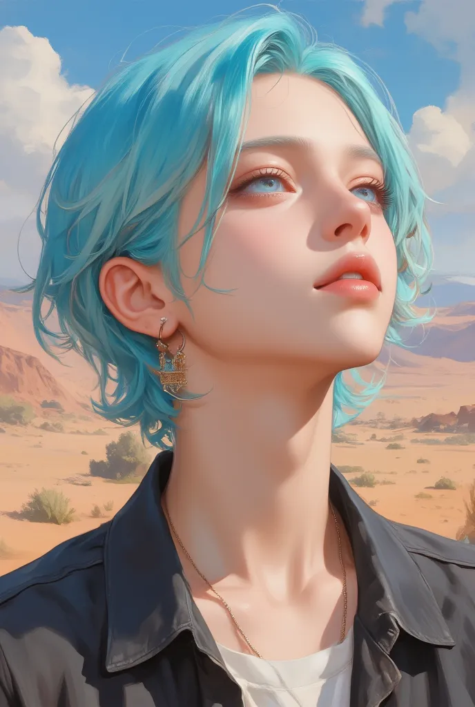 Beautifully drawn, high quality, ultra-detailed CG illustration of a young man with a serene expression, gazing into the distance with his striking light blue hair gently waving in the desert breeze. The scenery behind him is vast and breathtaking, drawing...