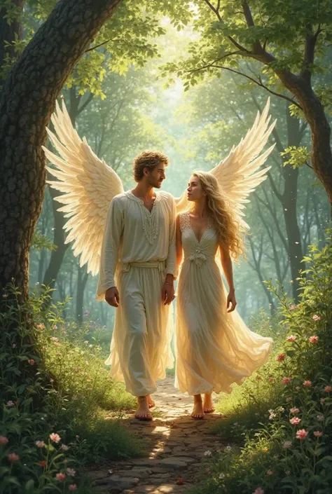 A male angel walks ahead in the forest while talking to a blonde woman.