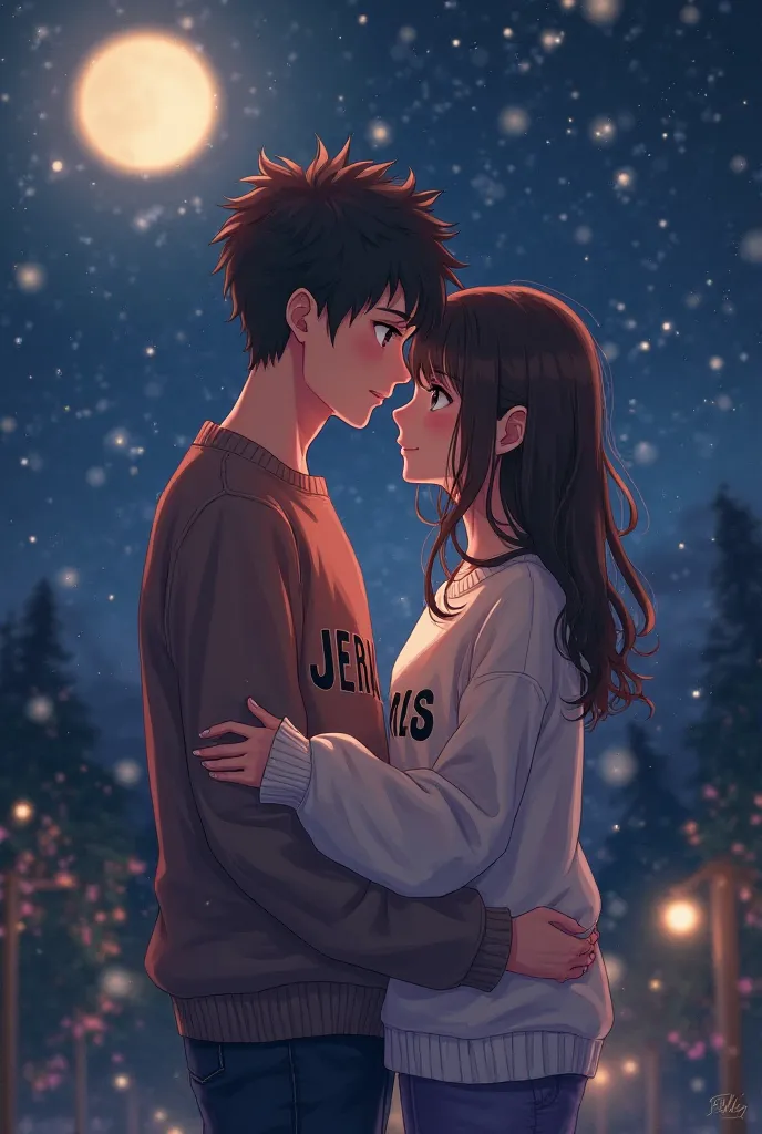 Girl and boy kissing at night, The girl in a sweater with a text"series"In the sentro del sueter , And the boy in the sweater with a text"Jeremias"In the sentro , in anime