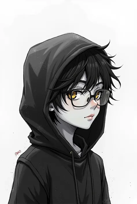 I want you to generate a drawing for me with a white background, And a character using only the color black, I want you to do it with a natural drawing style and for the character to have a hood and eyeglasses and to have brown eyes and to be masculine 