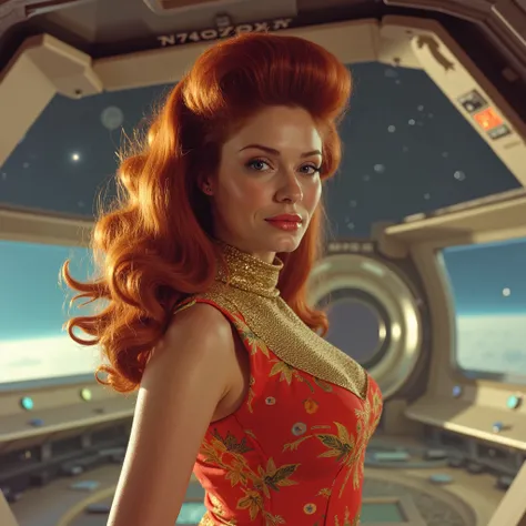 A vintage space age artistic image, low angle dutch angle, buxom unique female character, sci-fi 1968, long wavy auburn hair that is high at the top of her head and cascading over her shoulders, curvy, wearing a form fitted 1960s colorful mod space dress w...