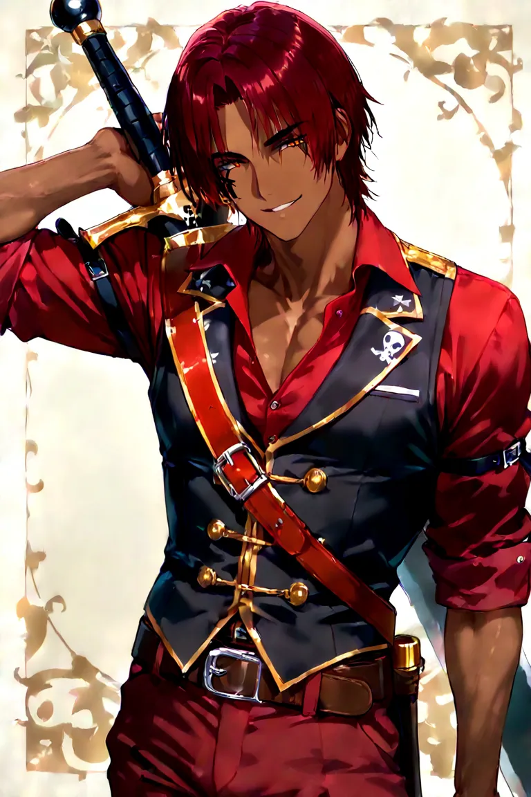 1boy, adult, medium Brown skin, Short Hair, straight hair, dark red hair, orange eyes, mark on the eye, black mark, red shirt, short, retro vest, black vest, rolled up sleeves, strong body, seductive smile, red pants, two weapones, pirate sword