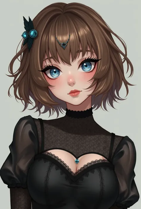 Give me a girl based off this description 

fair skin and short layered fluffy light brown brunette hair with bangs and almond blue eyes with black eyeliner and with a little amount of freckles with a septum and heart shaped lips short height with hourglas...