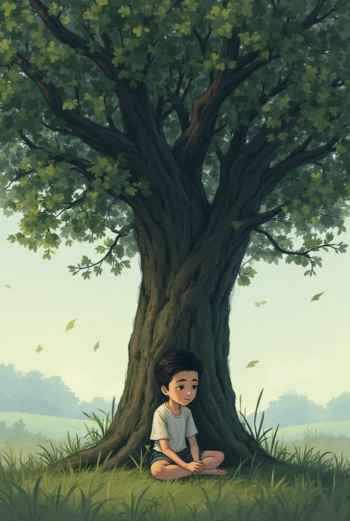 A boy with sad reaction under the tree 