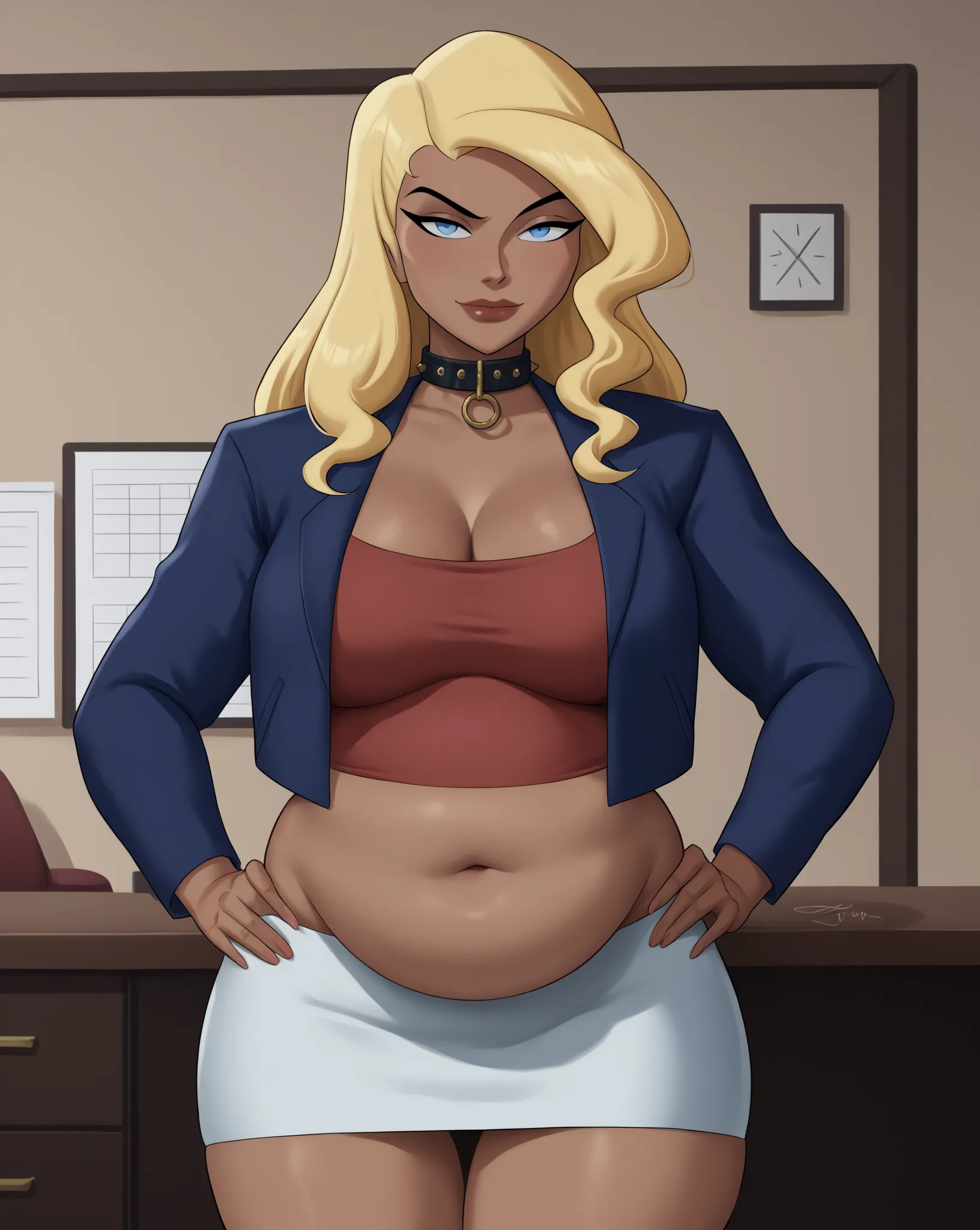 PonyXLV6_ ROMPE scores ((parody), perfect anatomy (clothes that fit your big, fat body size), perfect eyes, cowboy shot) REST Dinah Lanceb(big fat body), Alone , long hair, blonde hair, blue eyes, dark-skinned woman, courtship,  Raised eyebrow, ((Looking a...