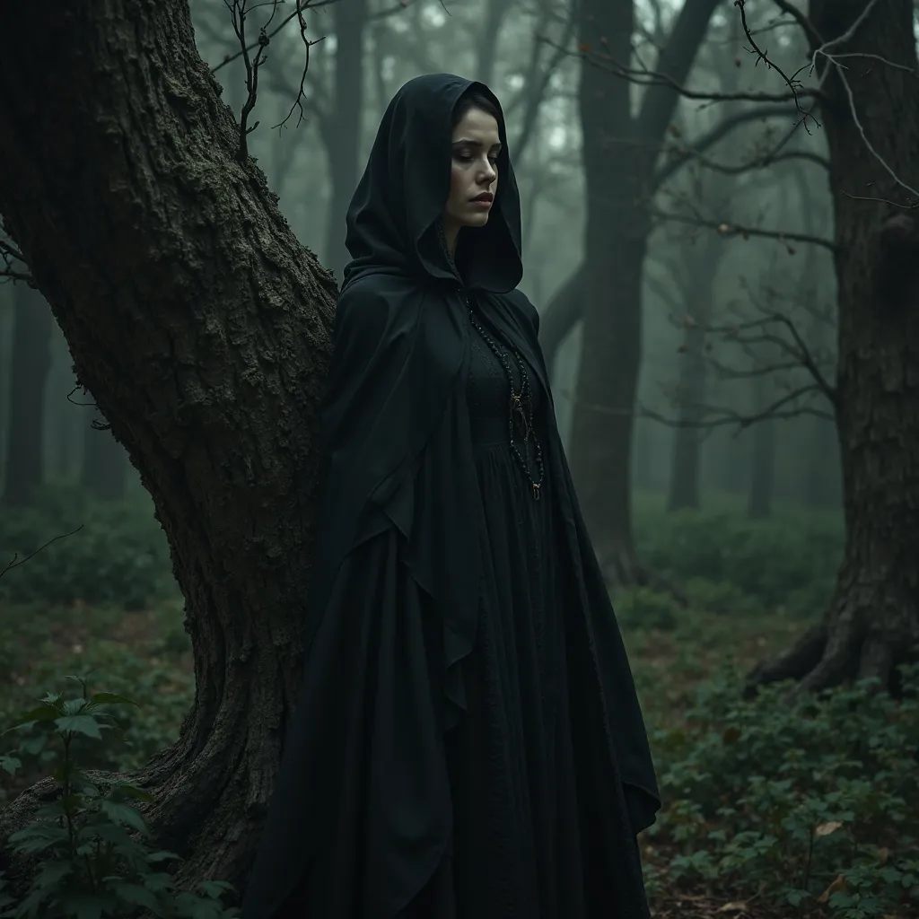 a female demon, wearing a black cloak, hooded cloak, eyes closed, in a dark forest, leaning against a tree, taking a realistic photo