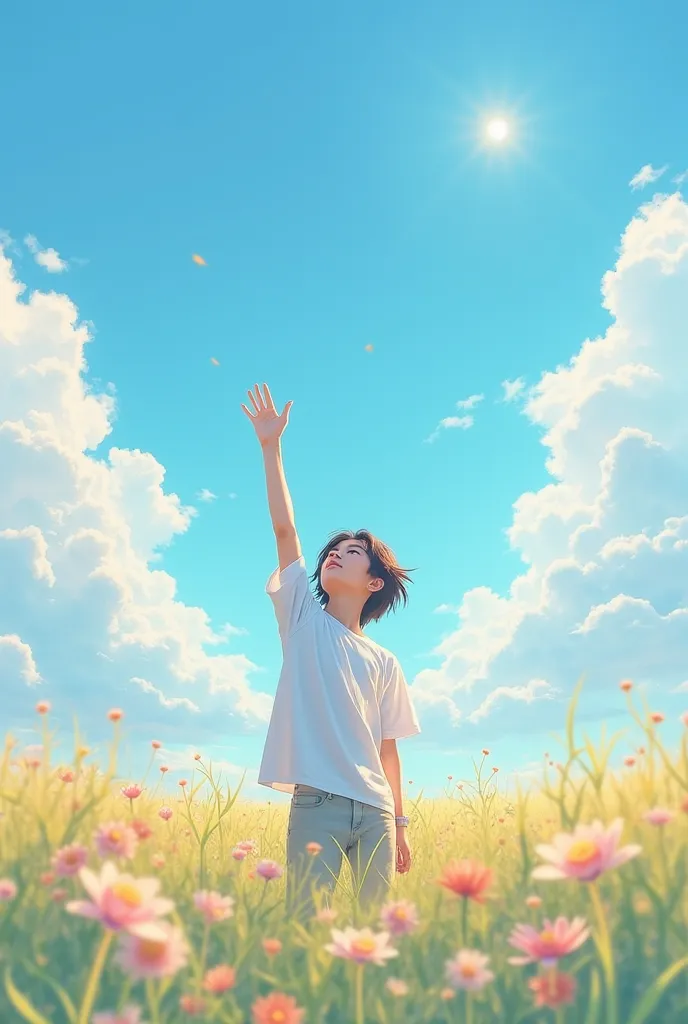 A radiant blue sky with fluffy clouds, the sun shining softly. On the horizon, a young person with an expression of hope extends his hand to the sky. The wind moves his hair while the flowers of the field rock. An ethereal and dreamy vibe, with pastel tone...