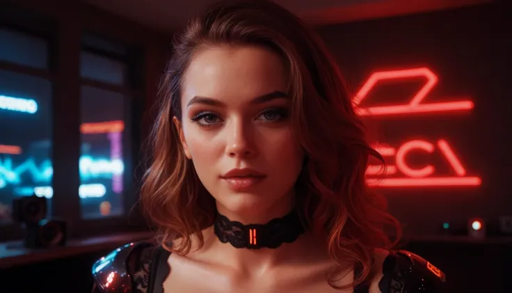 A cinematic, semi-realistic digital illustration of a stunning woman in a seductive black lace bodysuit, posing confidently in a futuristic neon-lit environment. Her body is illuminated by intense red and orange neon grid lights behind her, casting a drama...