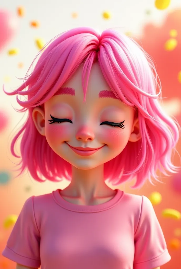 Pink-haired Roblox girl with a cheerful face but with her eyes closed and slim