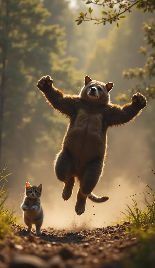 "With a final, powerful leap, bodybuilder cat dad launches into the air. He spins mid-flight and lands a slow-motion, earth-shaking punch right into the bear’s chest. The bear is sent flying, crashing into a tree with a loud thud before slumping to the gro...