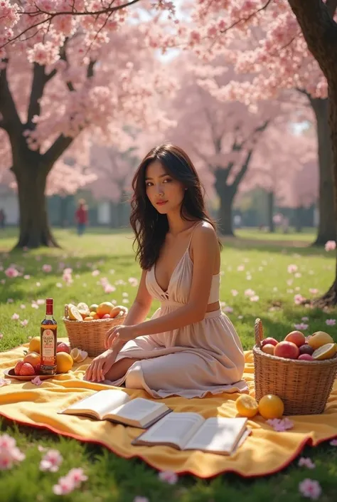 worm's eye view In a serene park under a cherry blossom tree in full bloom, (a beautiful 23yr old Colombian woman:1.4), 42dd firm natural breast, dark hair, athletic figure, is arranging a picnic on a yellow checkered blanket with red accents. The pink pet...