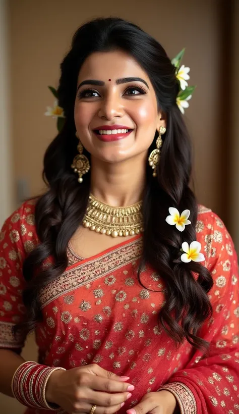 A stunning newly wedded Bengali wife, dressed in a gorgeous red and gold saree with matching blouse with intricate embroidery and delicate embellishments. She wears traditional Bengali bridal jewelry, including a maang tikka, large jhumka earrings, and sta...