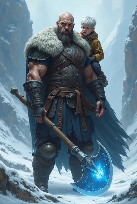 An imposing muscular and bald Norse warrior aged about 30,  a leather and metal armor with runic details. His face bears battle scars and a serious expression, with eyes as piercing as ice. At his side stuck in the ground is a huge two-bladed axe, with a b...